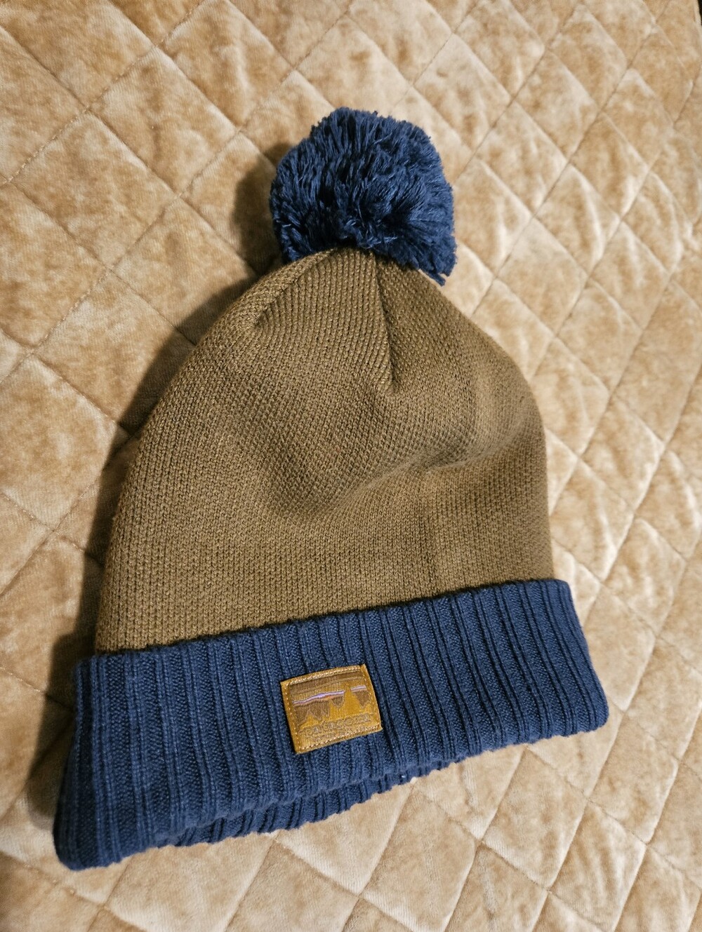 Two-Tone Pom Beanie Hat - Olive and Navy